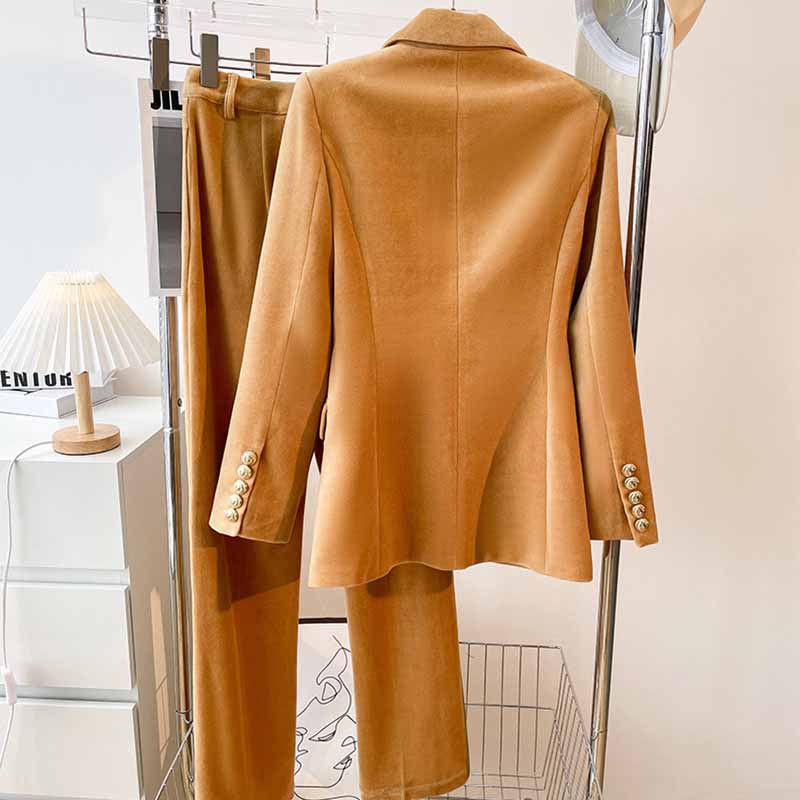Women’s Khaki 2-Piece Suit | Single-Breasted Velvet Blazer & Trousers