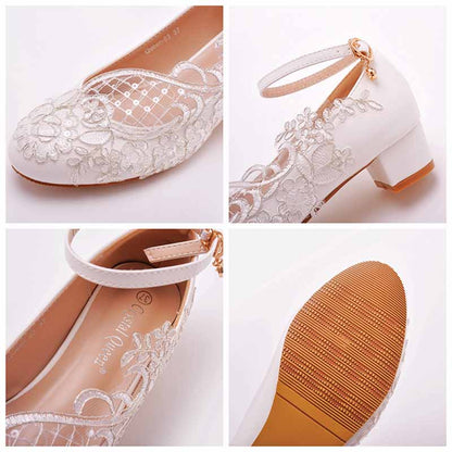 Square Toe White Chunky Sandals Bridal White Lace Wedding Shoes