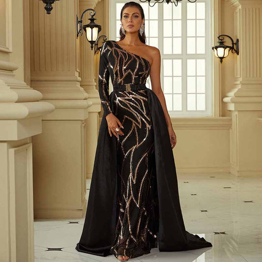 One Shoulder Black Sequin Prom Dress Sleeveless Evening Ball Gowns