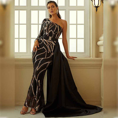 One Shoulder Black Sequin Prom Dress Sleeveless Evening Ball Gowns