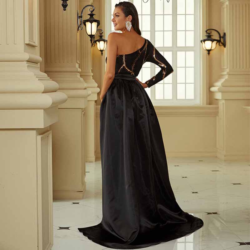 One Shoulder Black Sequin Prom Dress Sleeveless Evening Ball Gowns