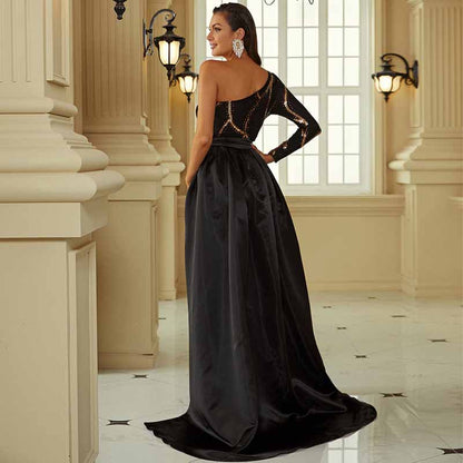One Shoulder Black Sequin Prom Dress Sleeveless Evening Ball Gowns