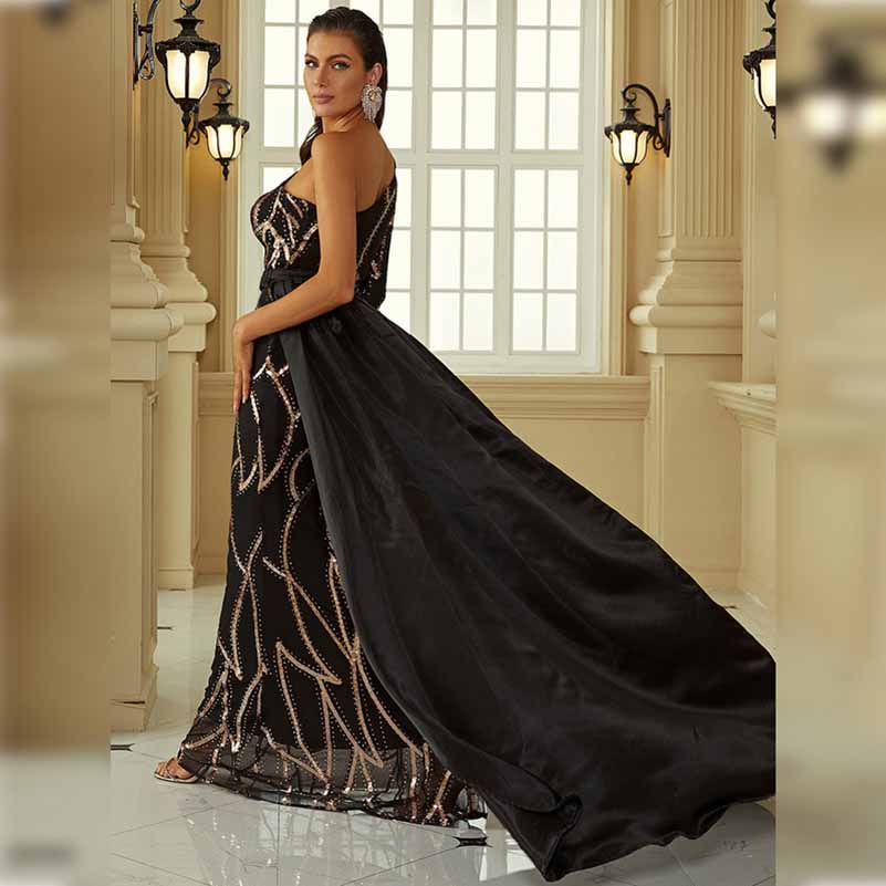 One Shoulder Black Sequin Prom Dress Sleeveless Evening Ball Gowns