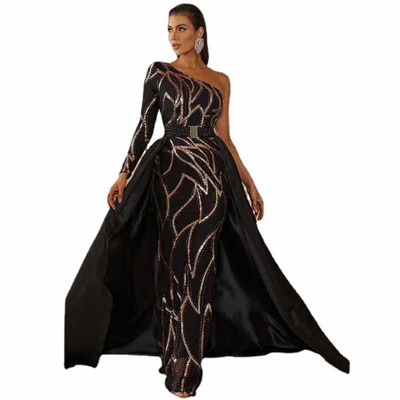 One Shoulder Black Sequin Prom Dress Sleeveless Evening Ball Gowns