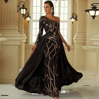 One Shoulder Black Sequin Prom Dress Sleeveless Evening Ball Gowns