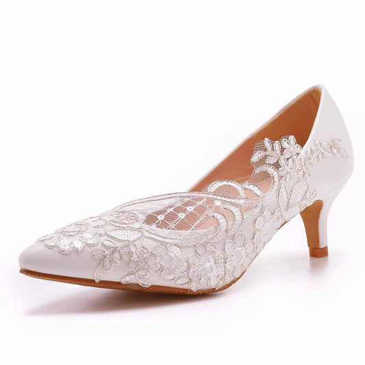 White lace Heels Low Heel Sandals Bridal White Lace Wedding Shoes