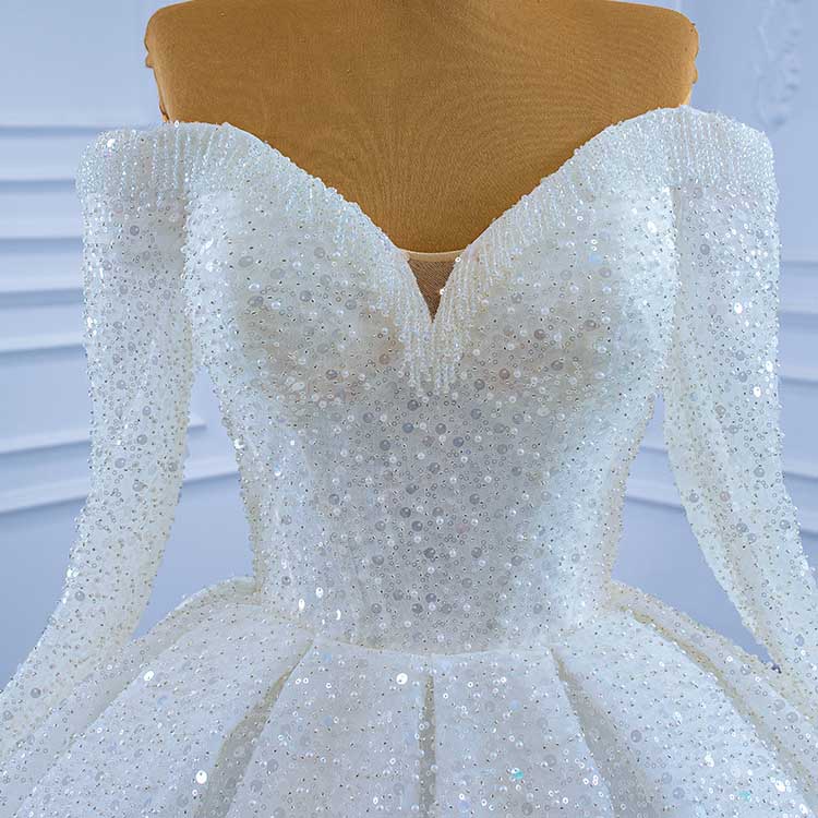 Off The Shoulder Sequin-Beaded Wedding Dresses for Bridal Long Sleeves