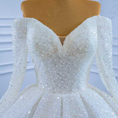 Off The Shoulder Sequin-Beaded Wedding Dresses for Bridal Long Sleeves