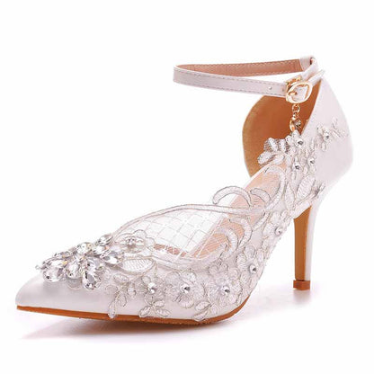 White lace Ankle Strap High Heel Sandals Bridal White Lace Wedding Shoes