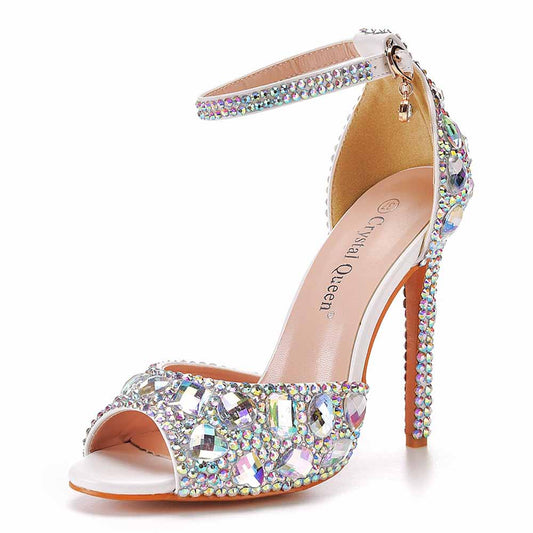 Silver High Heels Dress Rhinestones Open Toe Pumps  4.33"