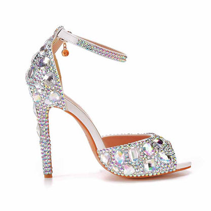 Silver High Heels Dress Rhinestones Open Toe Pumps  4.33"