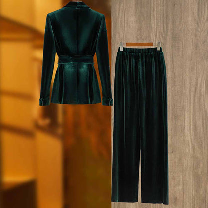 Women's Velvet Pantsuit with Lace-Up and Pearls | Straight Leg