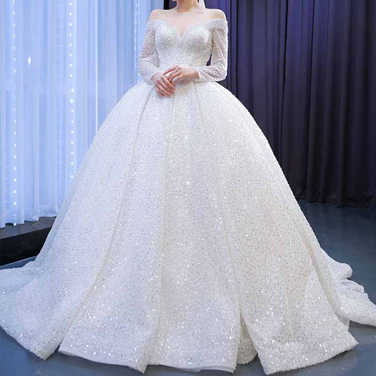 Off The Shoulder Sequin-Beaded Wedding Dresses for Bridal Long Sleeves