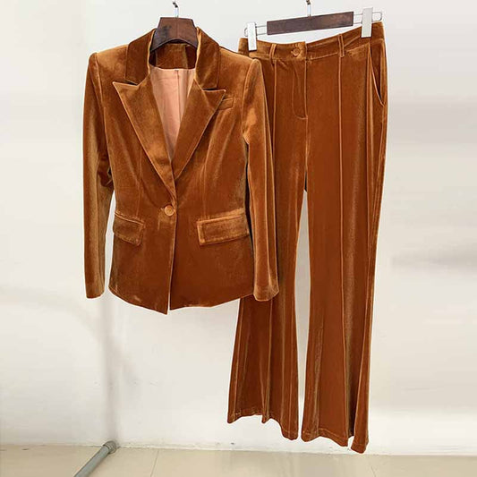 Women’s Velvet Pantsuit in Brown | Flare Leg & Mid-High Waist Style
