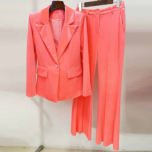Women's Pink Single-Breasted Velvet Blazer & Pant Suit | 2-Piece Set