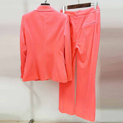 Women's Pink Single-Breasted Velvet Blazer & Pant Suit | 2-Piece Set