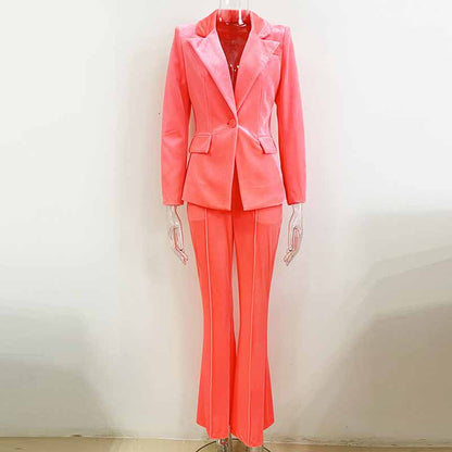 Women's Pink Single-Breasted Velvet Blazer & Pant Suit | 2-Piece Set
