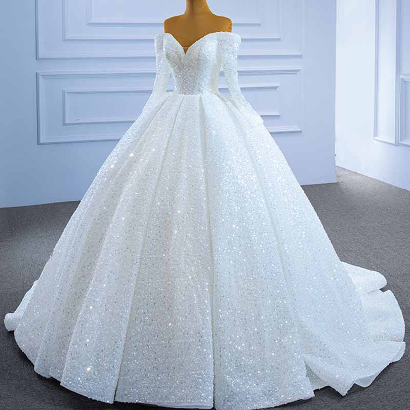 Off The Shoulder Sequin-Beaded Wedding Dresses for Bridal Long Sleeves