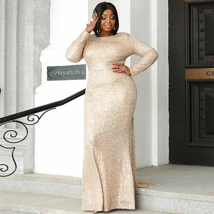 Plus Size Gold Sequin Prom Dresses Long Formal Wedding Ball Dress