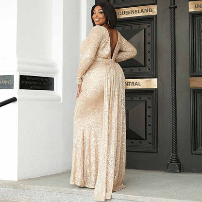 Plus Size Gold Sequin Prom Dresses Long Formal Wedding Ball Dress