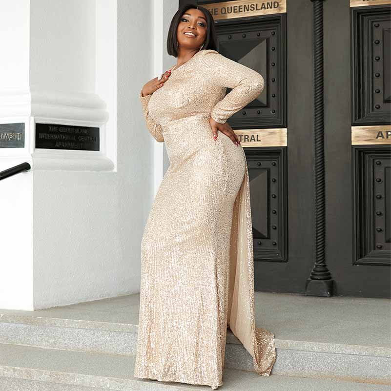 Plus Size Gold Sequin Prom Dresses Long Formal Wedding Ball Dress