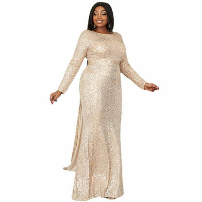 Plus Size Gold Sequin Prom Dresses Long Formal Wedding Ball Dress