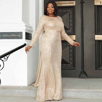 Plus Size Gold Sequin Prom Dresses Long Formal Wedding Ball Dress