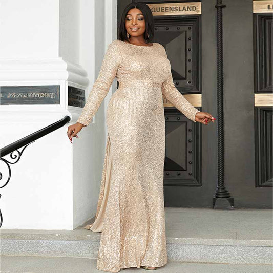 Plus Size Gold Sequin Prom Dresses Long Formal Wedding Ball Dress