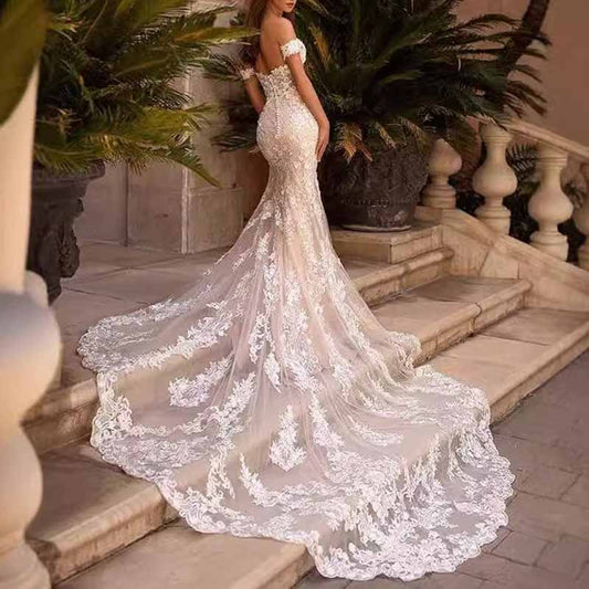 Off Shoulder Lace Mermaid Wedding Dress Bridal Party Gown