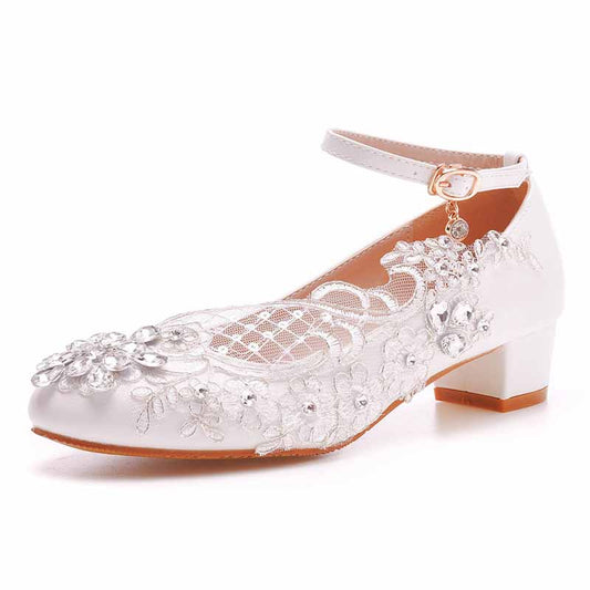 Square Toe White Chunky Sandals Bridal White Lace Wedding Shoes