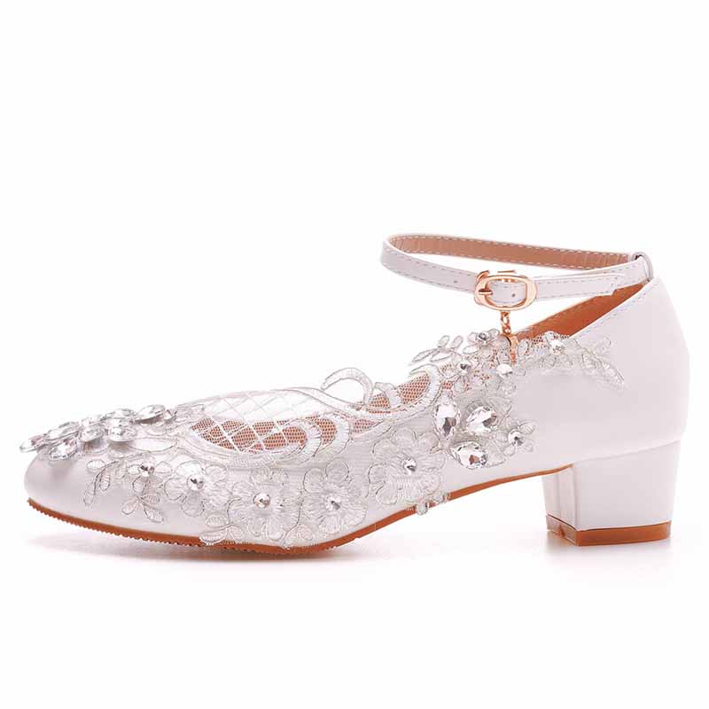 Square Toe White Chunky Sandals Bridal White Lace Wedding Shoes