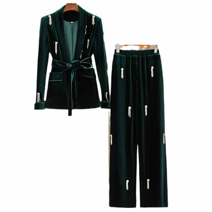 Women's Velvet Pantsuit with Lace-Up and Pearls | Straight Leg