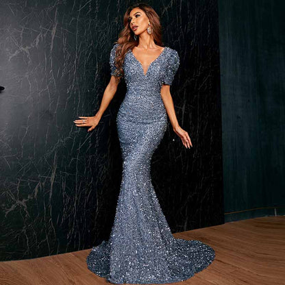 Mermaid Long Sequin Prom Dress Short Sleeves V-Neck Evening Party Gowns