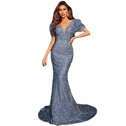 Mermaid Long Sequin Prom Dress Short Sleeves V-Neck Evening Party Gowns