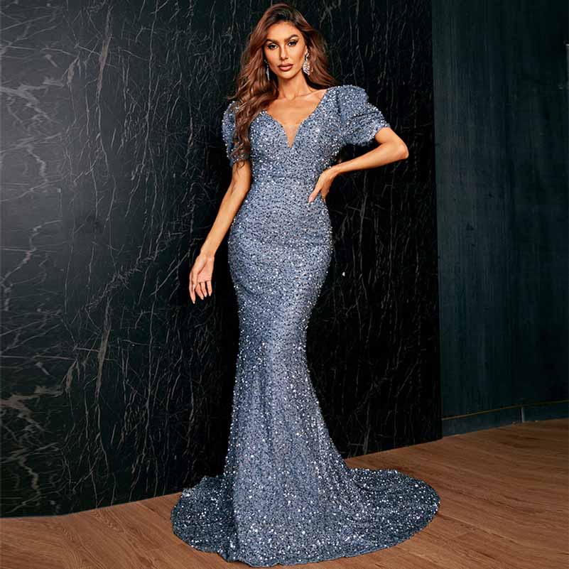 Mermaid Long Sequin Prom Dress Short Sleeves V-Neck Evening Party Gowns