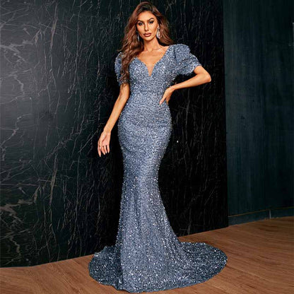 Mermaid Long Sequin Prom Dress Short Sleeves V-Neck Evening Party Gowns