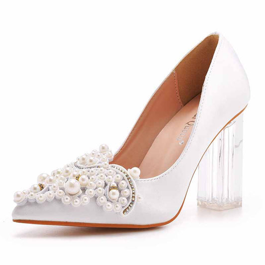Low Block Heel Sandals Chunky Pearl Wedding Shoes With Clear Heels