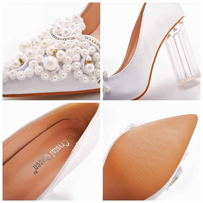 Low Block Heel Sandals Chunky Pearl Wedding Shoes With Clear Heels