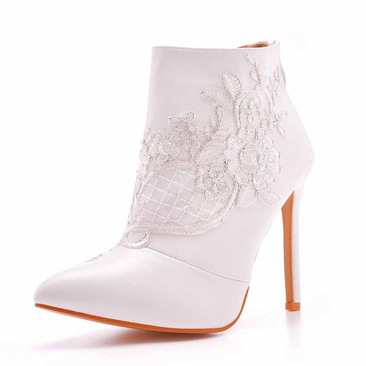 White Boots Appliqued Pointed Toe Stiletto High Heel Wedding Boots