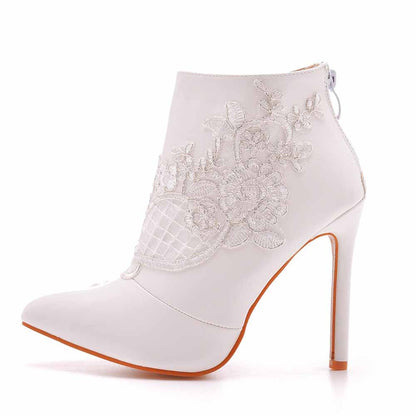 White Boots Appliqued Pointed Toe Stiletto High Heel Wedding Boots