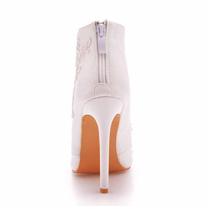 White Boots Appliqued Pointed Toe Stiletto High Heel Wedding Boots