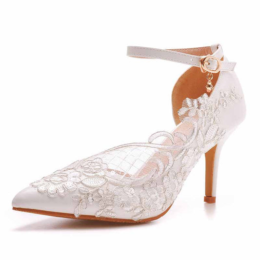 White lace Ankle Strap High Heel Sandals Bridal White Lace Wedding Shoes