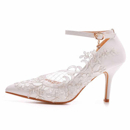 White lace Ankle Strap High Heel Sandals Bridal White Lace Wedding Shoes