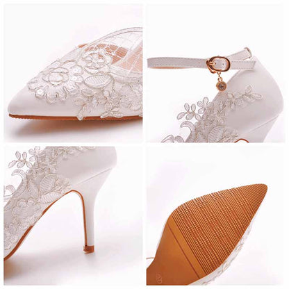 White lace Ankle Strap High Heel Sandals Bridal White Lace Wedding Shoes