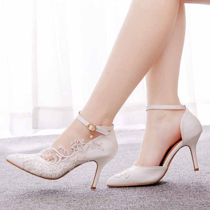White lace Ankle Strap High Heel Sandals Bridal White Lace Wedding Shoes