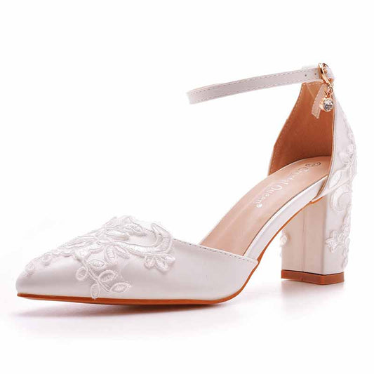 Low Block Heel Sandals Chunky Lace Bridal Shoes