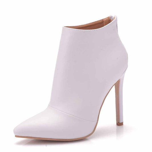 Dress Boots Pointed Toe Stiletto High Heel Ankle Boots White Black Color