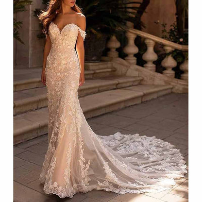 Off Shoulder Lace Mermaid Wedding Dress Bridal Party Gown