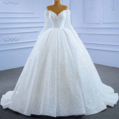 Off The Shoulder Sequin-Beaded Wedding Dresses for Bridal Long Sleeves
