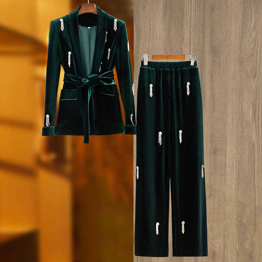 Women's Velvet Pantsuit with Lace-Up and Pearls | Straight Leg